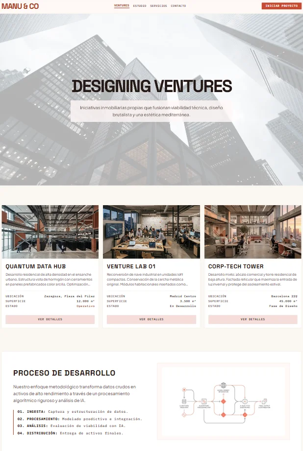 Real result of a web cover guided by DESIGN.md (MANU & CO)